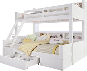 Łóżko piętrowe 90x200cm + 140x200cm - z drabinką i barierką zabezpieczającą - 1 szuflada - oświetlenie LED - ​​biały​​ (materac nie jest wliczony w cenę)