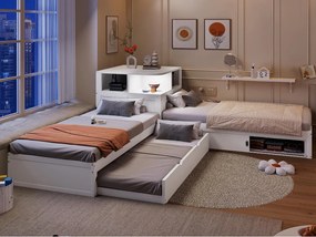 Łóżko podwójne w kształcie L 90x200 cm - łóżko wysuwane z wbudowanym schowkiem i drzwiami przesuwnymi - oświetlenie LED - MDF - Biały (bez materaca)