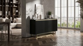 Ryflowana komoda z szafkami i szufladami Selene 3D3SZ, czarna na złotych płozach