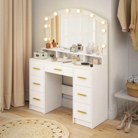 HOMCOM Toaletka z 10 lampami LED w stylu Hollywood, lustro, 7 szuflad, 3 przegrody, MDF, biała