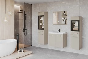 Komplet łazienkowy z LED, wiszące meble z umywalką, 2 słupki i lustro z półkami, kaszmirowy beż