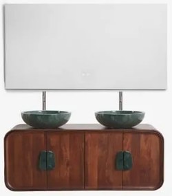 Zestaw Podwójnej Wiszącej Szafki Łazienkowej 130x45 Cm Z Drewna Mango I Naturalnego Kamienia Kivalina Prostokątny Led I Przeciwmgielny 140x75 Cm Riben