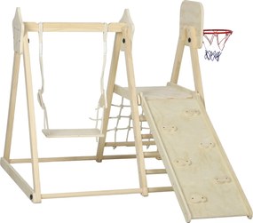 AIYAPLAY 5-w-1 domowy zestaw wspinaczkowy z zjeżdżalnią, huśtawką, siatką do wspinaczki, koszem do koszykówki, składany, 3-6 Jahre, drewno naturalne