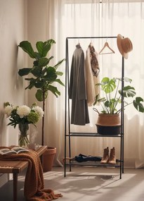 Czarny metalowy wieszak na ubrania z półkami R0-N47