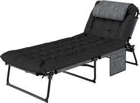 Outsunny Składany leżak ogrodowy z poduszką, leżak z 4-stopniowo regulowanym oparciem i boczną kieszenią, czarny | Aosom PL