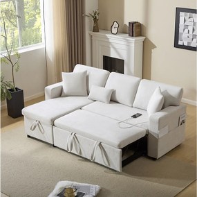 Rozkładana sofa narożna z funkcją spania - 90 x 180 cm - z miejscem do przechowywania i zintegrowaną półką - tkanina Oxford - biała