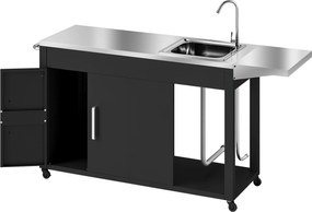 Outsunny Wózek Grillowy z Blatem Roboczym, Składaną Półką, Szafką, Zlewem i Kołami, Stal 162,5x47x87cm Czarny