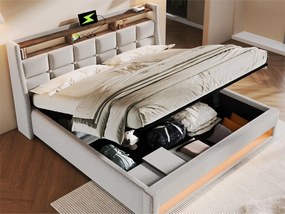 Łóżko z lnu 140x200cm z LED i portami USB - stelaż na listwach - beżowe