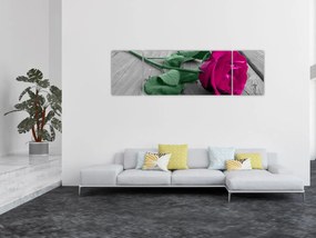 Obraz - Różowa róża z zieloną łodygą (170x50 cm)