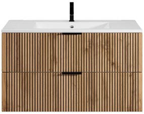 Szafka łazienkowa wisząca  z umywalką wpuszczaną w blat - Naturalny jasny i czarny - 100 cm - MADELA