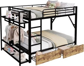 Łóżko piętrowe 140 x 200 cm - Konstrukcja metalowa - 2 szuflady - Kilka półek - Oświetlenie LED - Wieszak na ubrania - czarny​ (materac nie jest wliczony w cenę)
