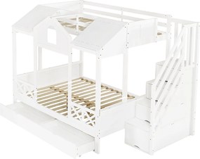 Łóżko piętrowe 90x200cm + 140x200cm - z 2 szufladami - z balustradą i oknami - schody z miejscem do przechowywania - Biały (bez materaca)