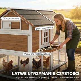 PawHut Kurnik z wybiegiem, gniazdem lęgowym, wysuwaną tacą i wodoodpornym dachem, dla 4 kur, 200 x 104 x 145 cm, drewno, brązowy | Aosom PL