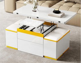 Nowoczesny stolik kawowy regulowany 100x50x43cm - z 4 taborecikami do przechowywania - 1 szuflada - Biały