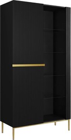Witryna Nicole 100 cm z ryflowanym frontem - czarny mat / złote nóżki