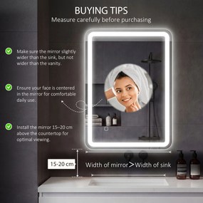 HOMCOM Lustro łazienkowe, podświetlane, sterowanie dotykowe, przeciwmgielne, ściemnialne, 3 kolory światła, 70x90, srebrne