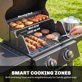 Outsunny Grill gazowy 5,4 kW, 2 palniki, stalowy wózek grillowy z termometrem, chromowany ruszt i półka do podgrzewania | Aosom PL
