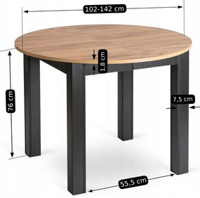 Stół Okrągły Rozkładany HARRY 102-142 cm Dąb Craft/Czarny Nowoczesny