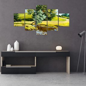 Obraz - rzeka między łąkami, obraz olejny (125x70 cm)