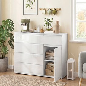 HOMCOM Nowoczesny sideboard, szafka do przechowywania z 5 szufladami, regulowaną półką, drzwiami Soft-Close, biały wysoki połysk | Aosom PL