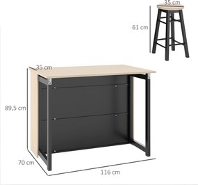 HOMCOM 3-cz. Zestaw Barowy, Bartisch ze Składanym Blatem, 2 Stołki Barowe, 6 Schowków, Czarny+Dąb, 116 x 70 x 89,5 cm