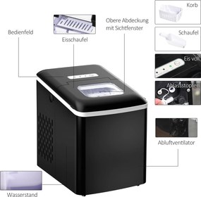 Maszyna do Lodu HOMCOM 12kg/24h 2L Maszyna do kostek lodu z Wyświetlaczem LED, 2 L Pojemność Zbiornika, 90 W, Czarna