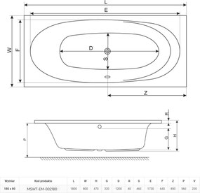 Wanna prostokątna biała 180 x 80 cm do zabudowy odpływ po środku EMBER MASSI