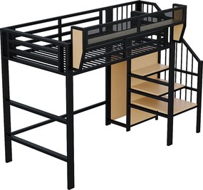 Łóżko piętrowe dla dzieci - 90 x 200 cm - ze schodkami do przechowywania + szafa - MDF + Metal - czarne