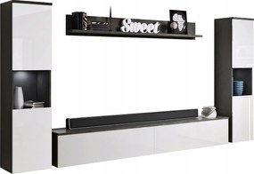 Nowoczesna meblościanka 4-elementowa do salonu z LED, 2 słupki, szafka RTV 180 cm i półka, korpus antracyt mat, fronty biały połysk