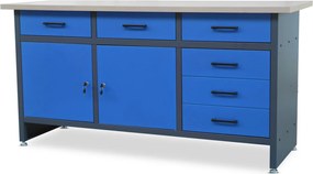 Duży stół warsztatowy z szafkami i szufladami Henry antracytowo-niebieski