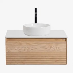 Zestaw Wiszących Mebli Łazienkowych Z Drewna Jesionowego Tedrik Popielaty Brąz & Okrągły Ceramiczny Biały - Sklum