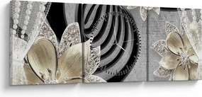 Obraz - 3D złote kwiaty (z zegarem) (90x30 cm)