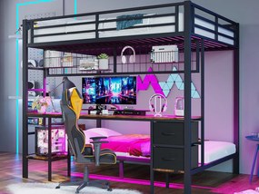 Łóżko piętrowe 90x200cm + 140x200 cm - z szufladą - z biurkiem - z oświetleniem LED + USB - czarne (bez materaca)
