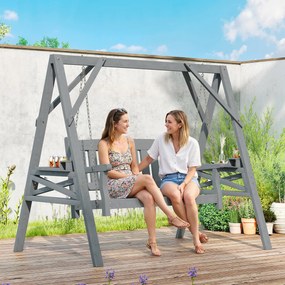 Outsunny 2-osobowa huśtawka ogrodowa z drewna, ławka bujana z półkami, uchwytami na napoje i łańcuchami, szara | Aosom PL