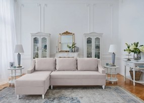 Narożnik rozkładany do salonu Notting Hill, z pojemnikami na pościel. Tkanina Matt Velvet odporna na wchłanianie płynów, kolor beżowy, błękitny, z kedrą.