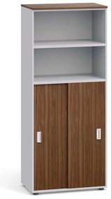 Szafa biurowa PRIMO, przesuwne drzwi na 3 półki, 800 x 420 x 1781 mm, szary / orzech