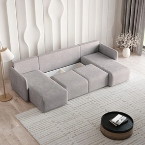 Masseno Narożnik NUBERO z funkcją spania i pojemnikiem na pościel Narozniki U, Rozkładana sofa - Jasnoszary, NEVE 83