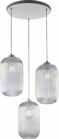 Lampa wisząca Krizia żelazo białe regulowane kable klosze szkło dmuchane przezroczyste wzór paski 3 lampy