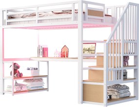 Łóżko piętrowe metalowe dla dzieci - 90 x 200 cm - z diodami LED + gniazdko elektryczne + drabinka + półki + stolik - białe