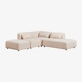 Sofa Modułowy Narożny 3-częściowy Z Prawym Szezlongiem I Pufem Fogler Tkanina Baranek Boucle Kremowy Beż - Sklum