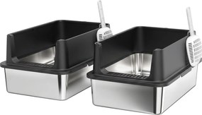 PawHut Zestaw 2 kuwet XL ze stali nierdzewnej z wysokim brzegiem i pokrywą 60x40x30cm półotwarta z 2 łopatkami, dla dużych kotów do 8 kg | Aosom PL
