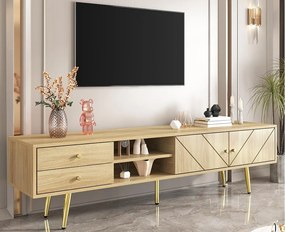 Meble TV 160x36x42cm - z 2 szufladami i 2 drzwiami - złote nogi - naturalne