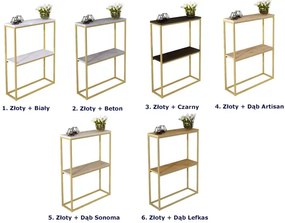 Wąska konsola z metalowym stelażem złoty + dąb lancelot S6-G87