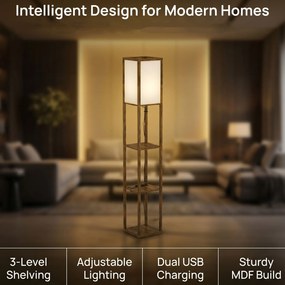 HOMCOM Lampa stojąca LED z półkami, lampa z przełącznikiem nożnym i portami USB, regulowana temperatura barwowa, rustykalny brąz | Aosom PL