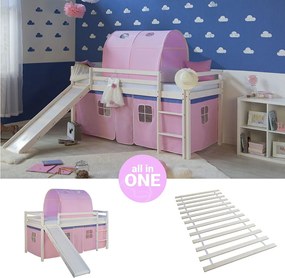 Łóżko piętrowe z zjeżdżalnią 90x200 cm różowe lite drewno sosnowe zasłona tunel