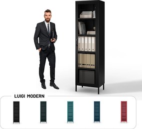 Witryna szklana do salonu wąska metalowa czarna LUIGI Modern 500 x 1800 x 350 mm