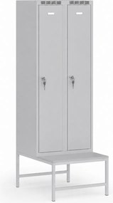 Szafka ubraniowa S7 z ławką, 2-drzwiowa, 1875 x 600 x 500/800 mm, demontaż, zamek cylindryczny, szare drzwi