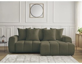 Rozkładany/ze schowkiem narożnik z materiału bouclé (prawostronny/z szezlongiem) w kolorze khaki Roxelane – Bobochic Paris