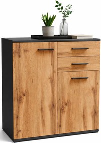 Komoda nowoczesna z 2 szufladami i półkami grafit + dąb wotan G5-N44