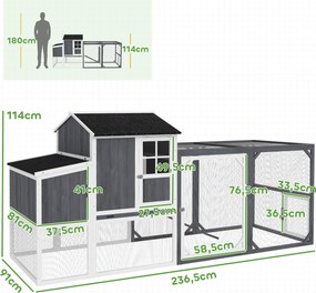 PawHut Kurnik z wybiegiem dla 3-4 kur, 3-częściowe gniazdo, 1,9 m² powierzchni, drewno jodłowe, szary